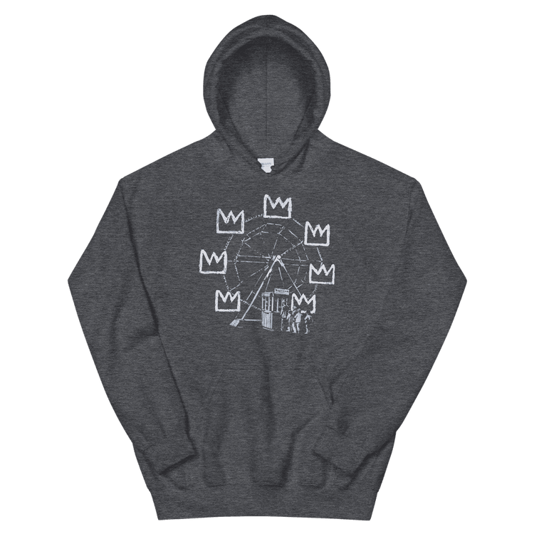 a grey sweatshirt with a drawing on it