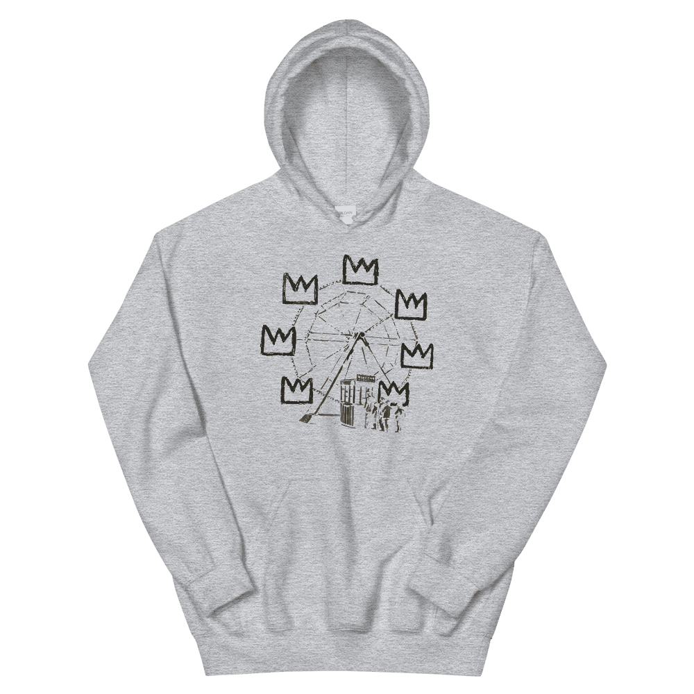 a grey sweatshirt with a drawing on it