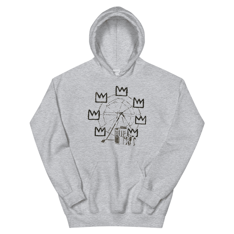 a grey sweatshirt with a drawing on it