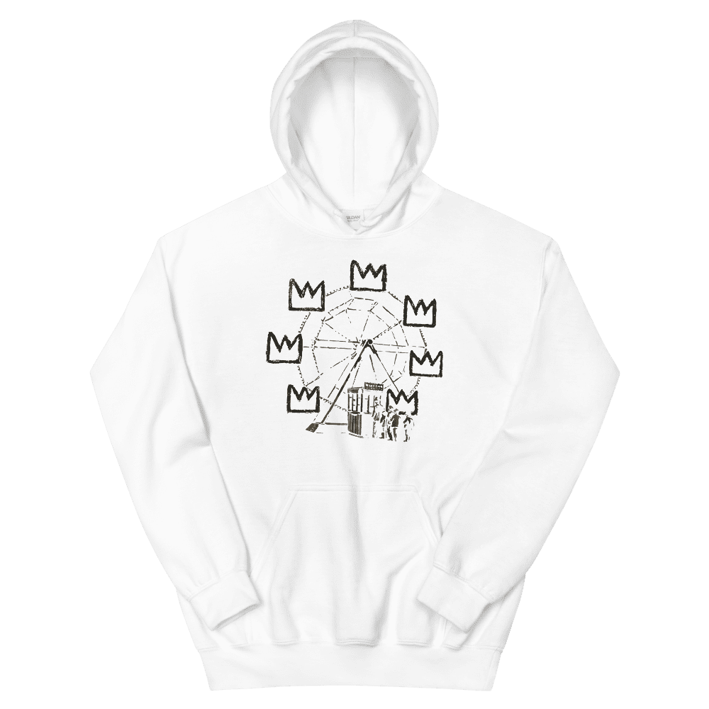a white hoodie with a drawing on it