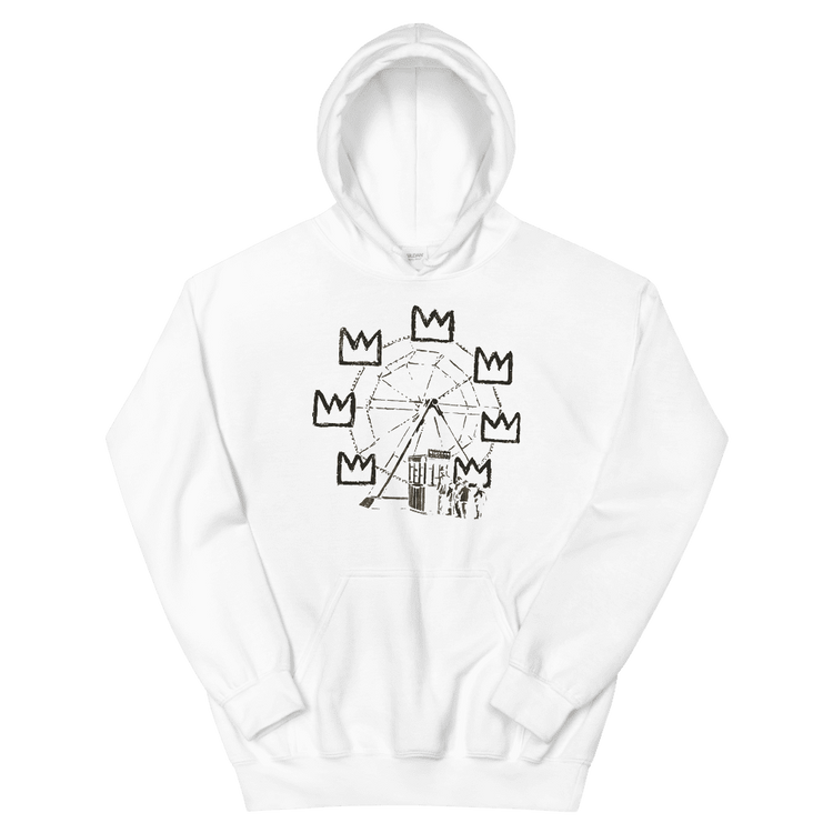 a white hoodie with a drawing on it