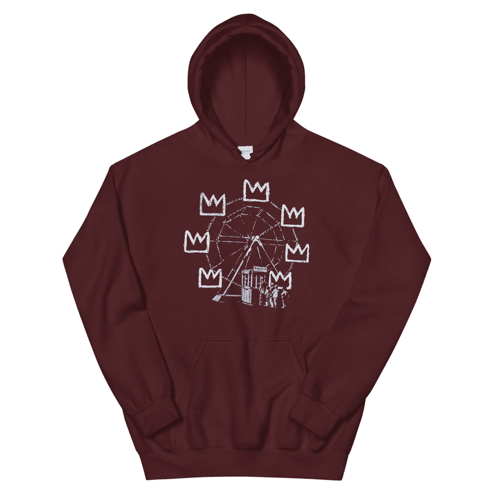a red hoodie with a drawing on it