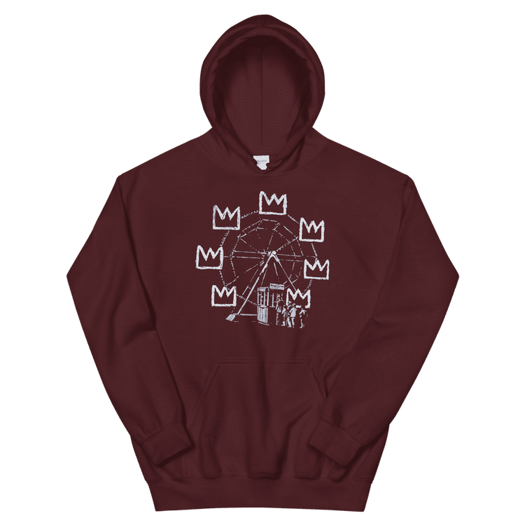 a red hoodie with a drawing on it