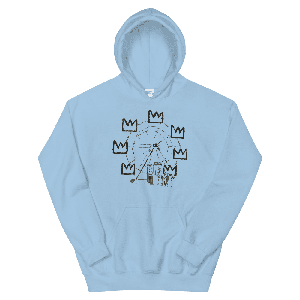 a light blue hoodie with a drawing of a ferris wheel