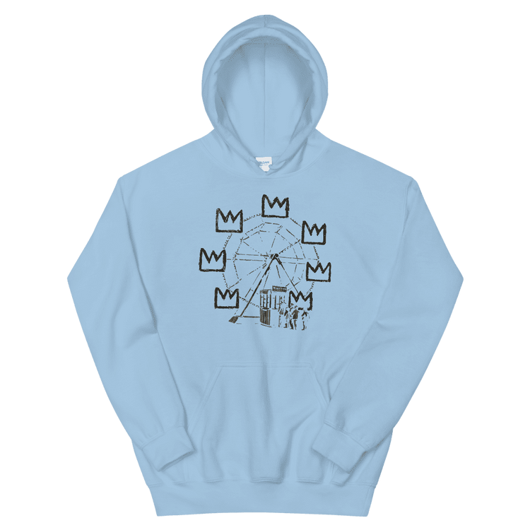 a light blue hoodie with a drawing of a ferris wheel