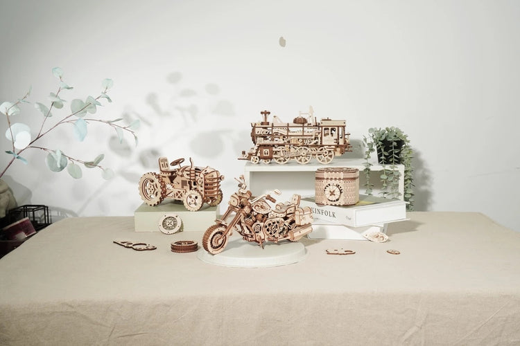 a group of wooden toys on a table