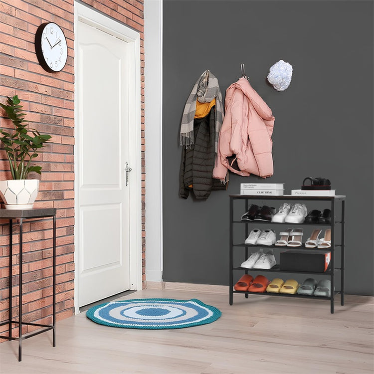 a room with a brick wall and a door