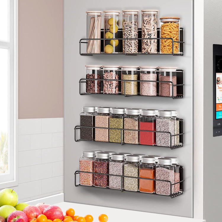 a wall with jars of cereals and seeds