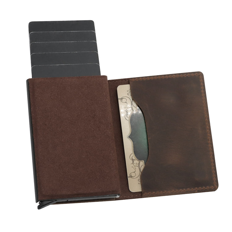 a brown leather wallet with cards inside