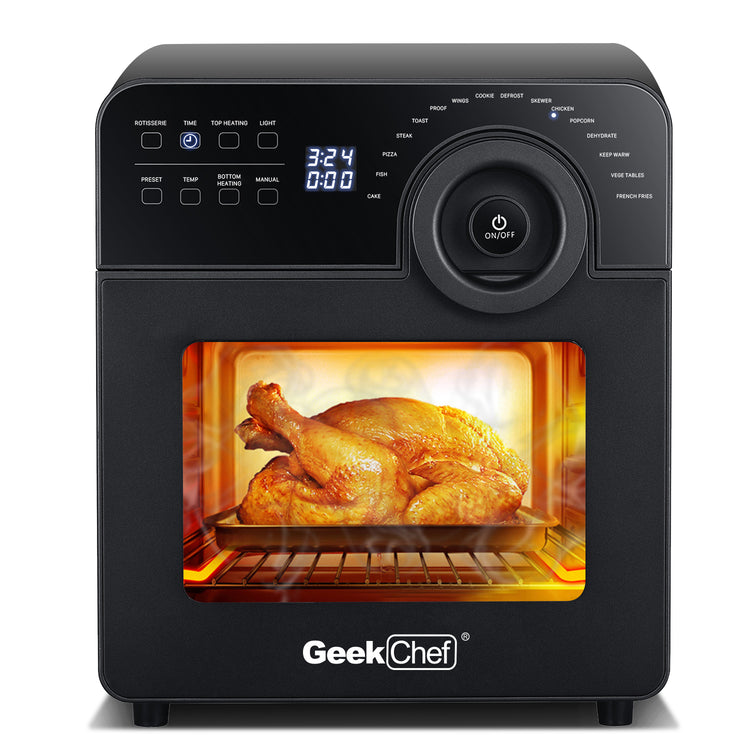 a black oven with a chicken inside