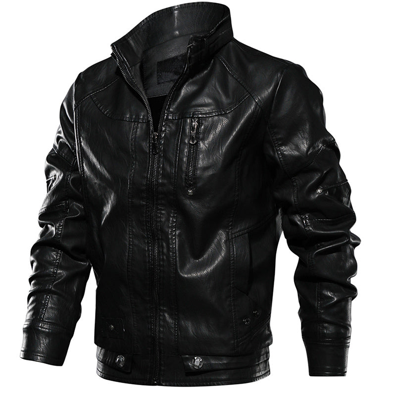 a black leather jacket with a white background