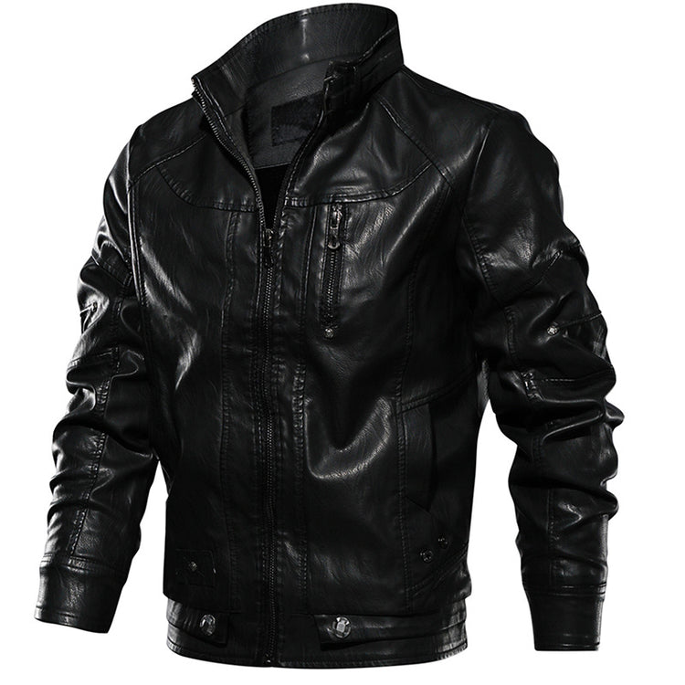 a black leather jacket with a white background