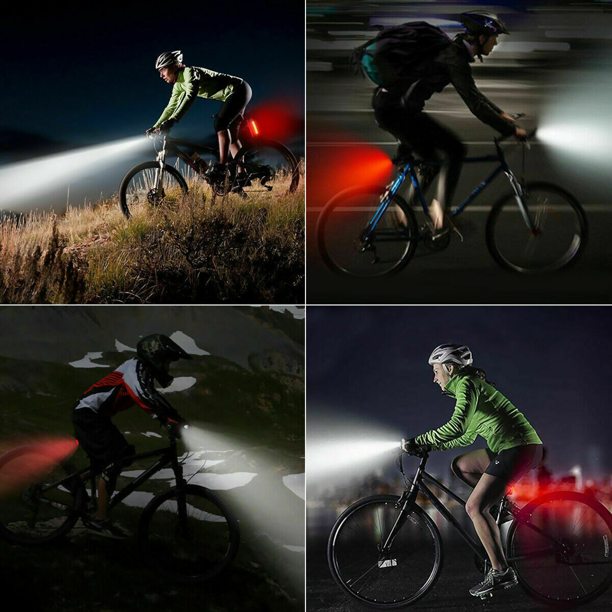 a collage of images of a man riding a bike with a flashlight