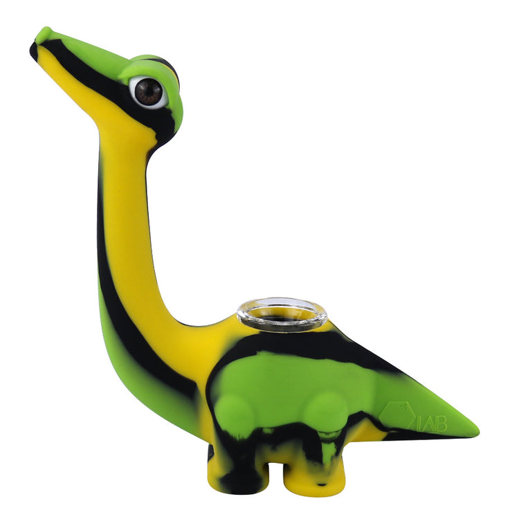 a green and black dinosaur smoking pipe