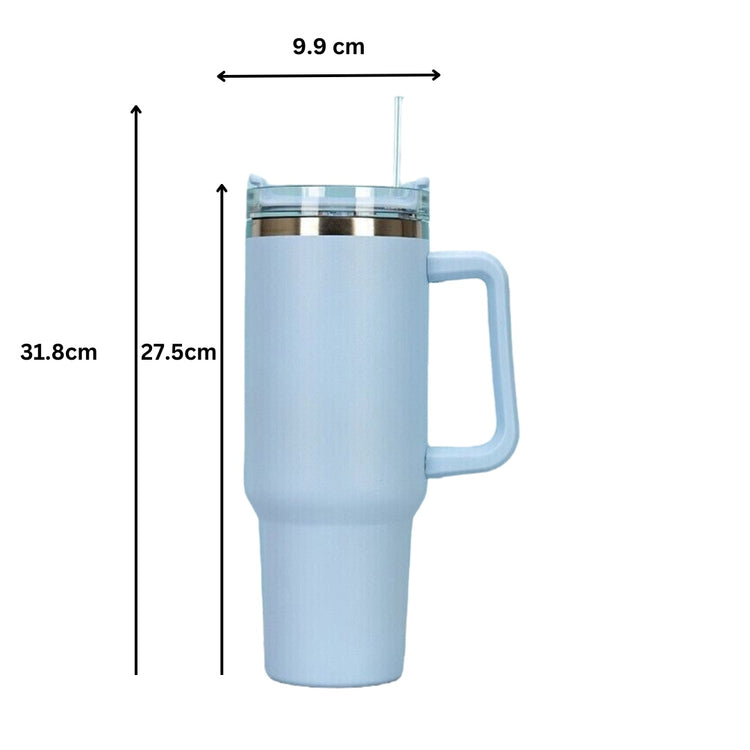 a blue mug with a straw and measuring tape