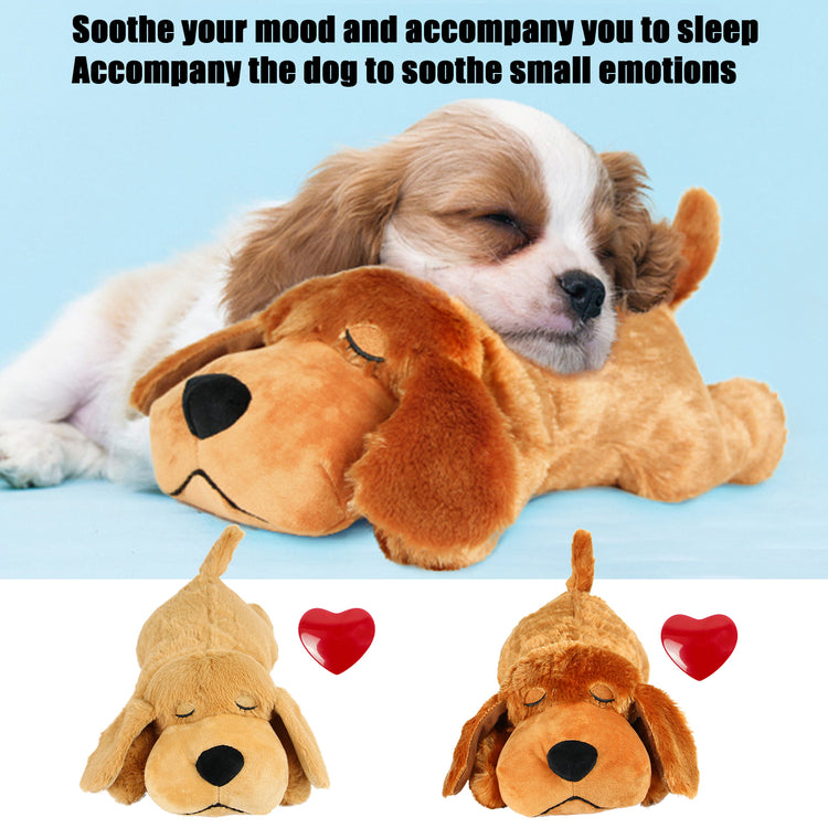 a dog lying on a stuffed dog