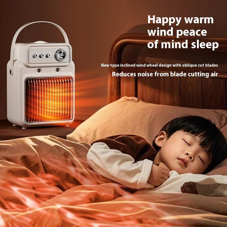 a child sleeping in bed with an electric heater