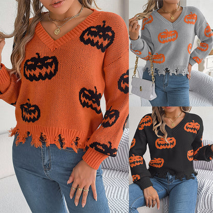 Halloween Contrast Color Pumpkin Cut Long Sleeve Sweater