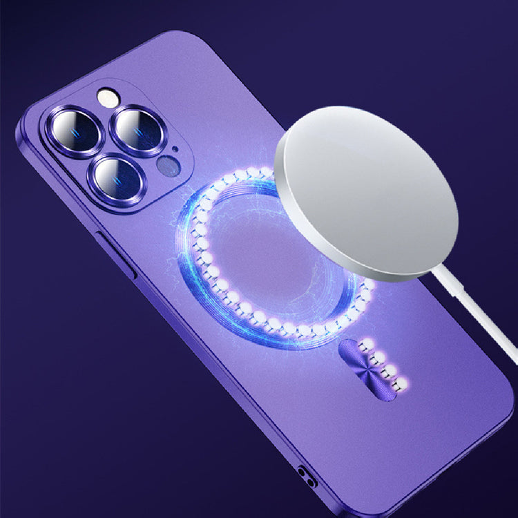 a purple cell phone with a round light ring