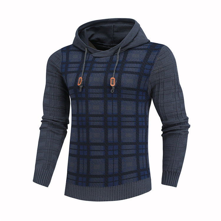 a blue and black sweater with a hood