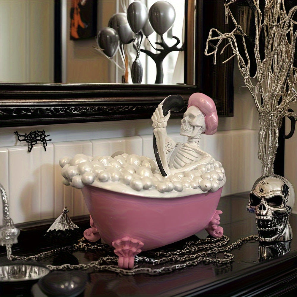 a skeleton in a bathtub with foamy bubbles