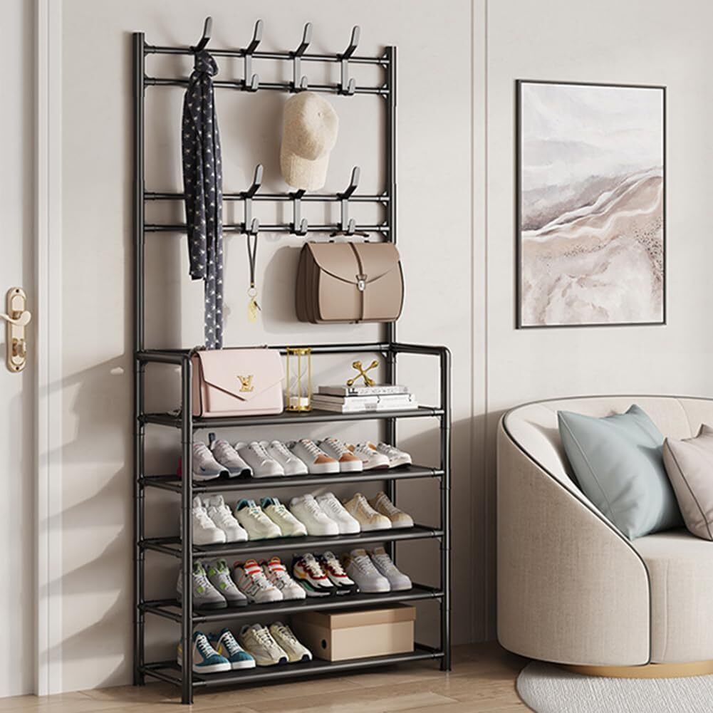 a shoe rack with shoes and bags on it
