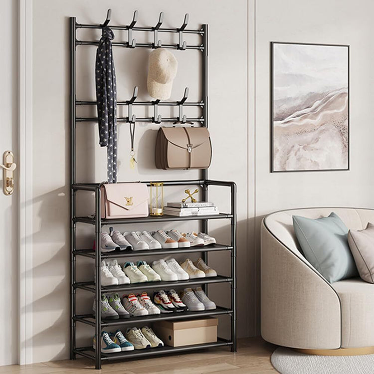a shoe rack with shoes and bags on it