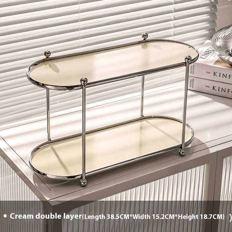 a glass shelf on a table