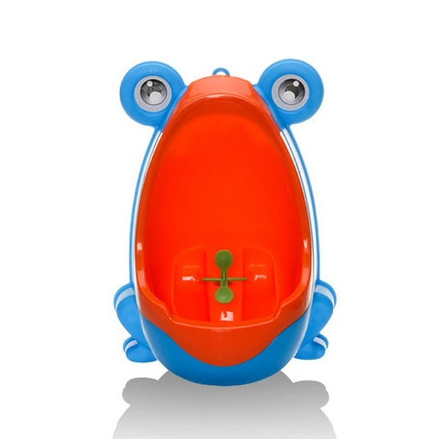 a blue and orange frog shaped urinal