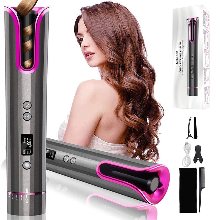 a woman with long hair and a curling iron
