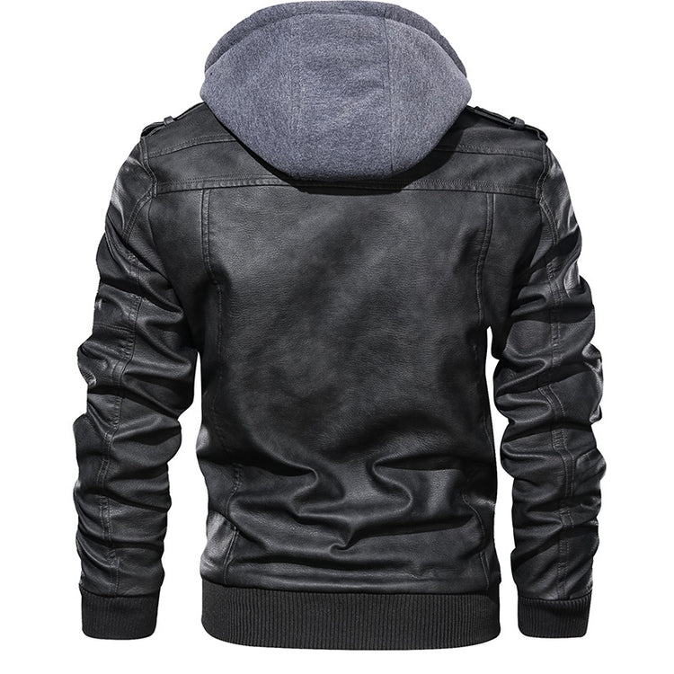a black leather jacket with a hood