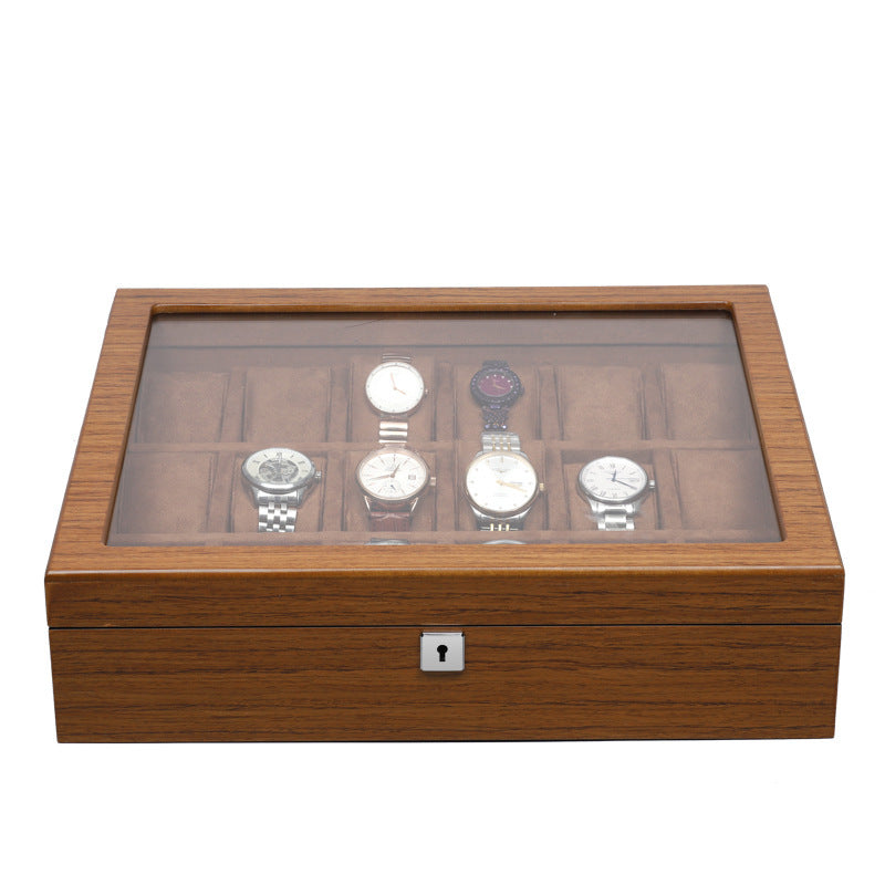 a wooden case with several watches in it