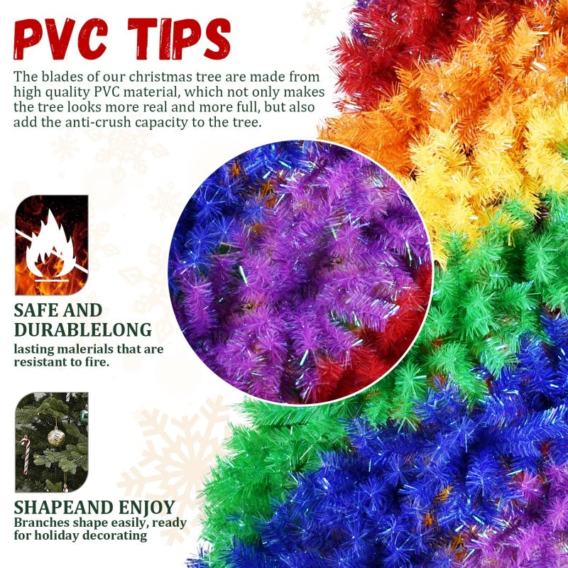 6FT 7.5FT Artificial Colorful Rainbow Christmas Tree, Hinged Xmas Tree With PVC Branch Tips