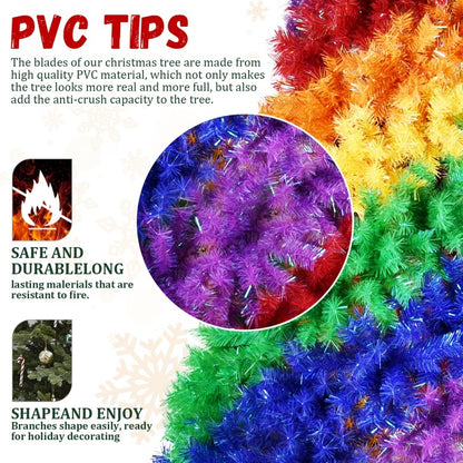6FT 7.5FT Artificial Colorful Rainbow Christmas Tree, Hinged Xmas Tree With PVC Branch Tips