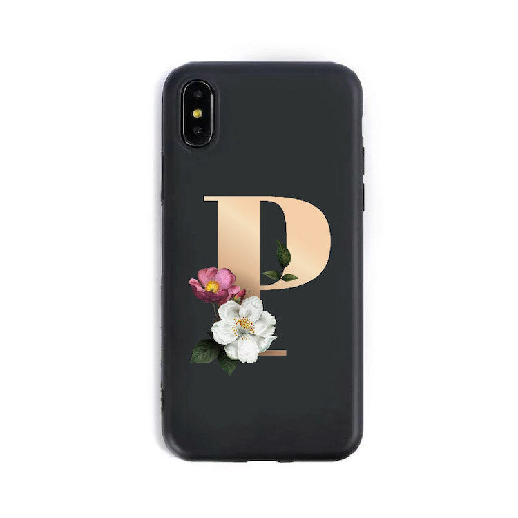 a black phone case with a gold letter on it