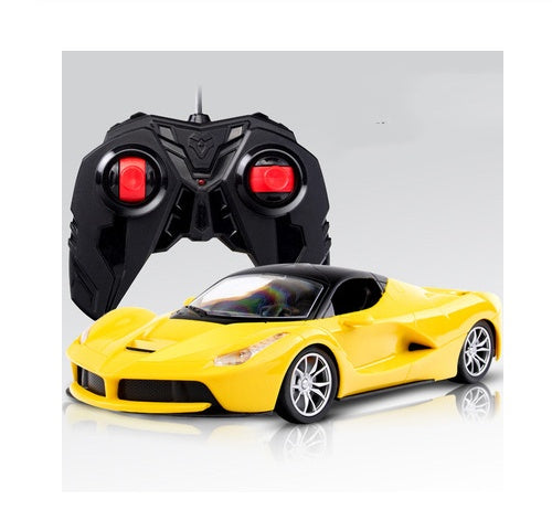 a yellow toy car and a black remote control