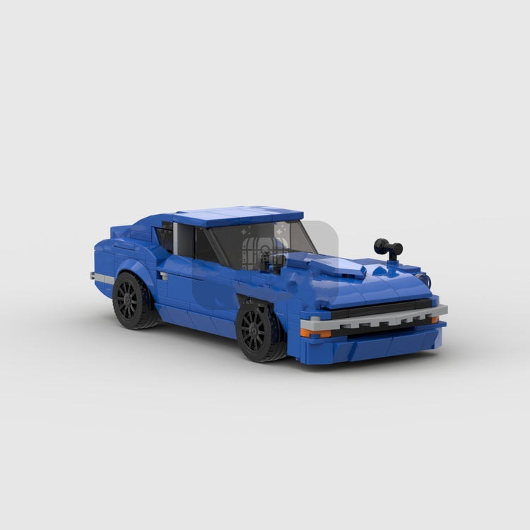 a blue toy car with black wheels