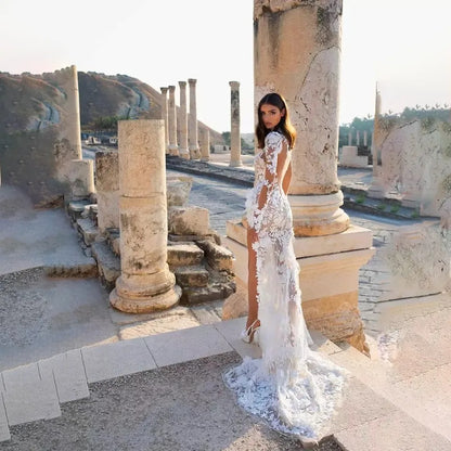 High Neck Lace Long Sleeve Floor Sweeping Boho Bridal Gown