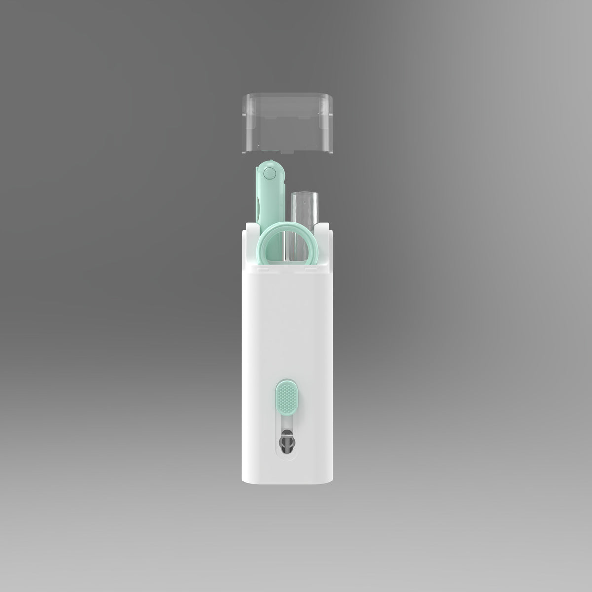 a white and green device with a transparent cover
