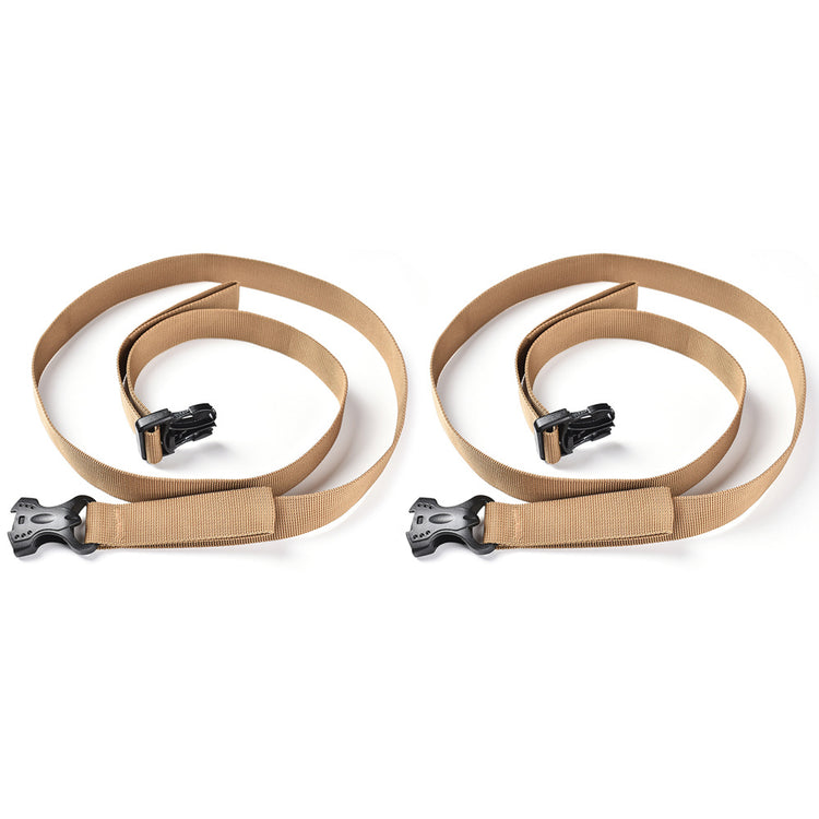 a pair of tan straps with black metal clips