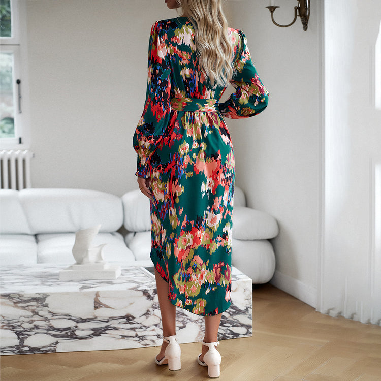 a woman in a floral dress