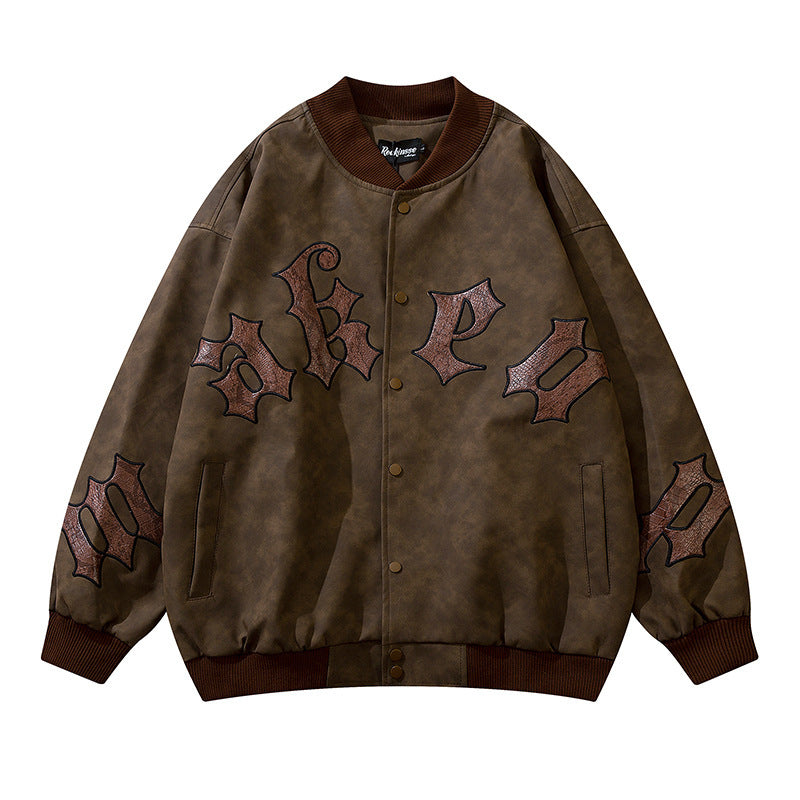 a brown jacket with brown letters on it