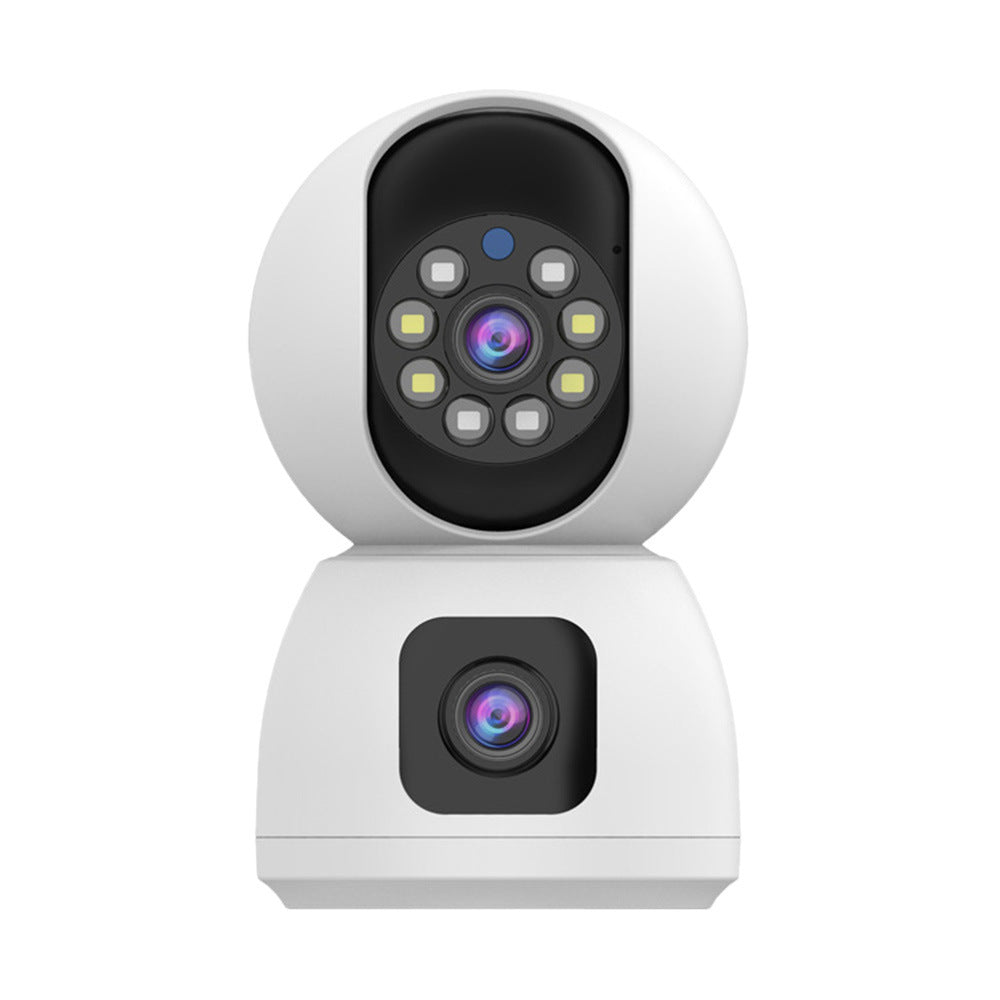 a white camera with black and blue lights