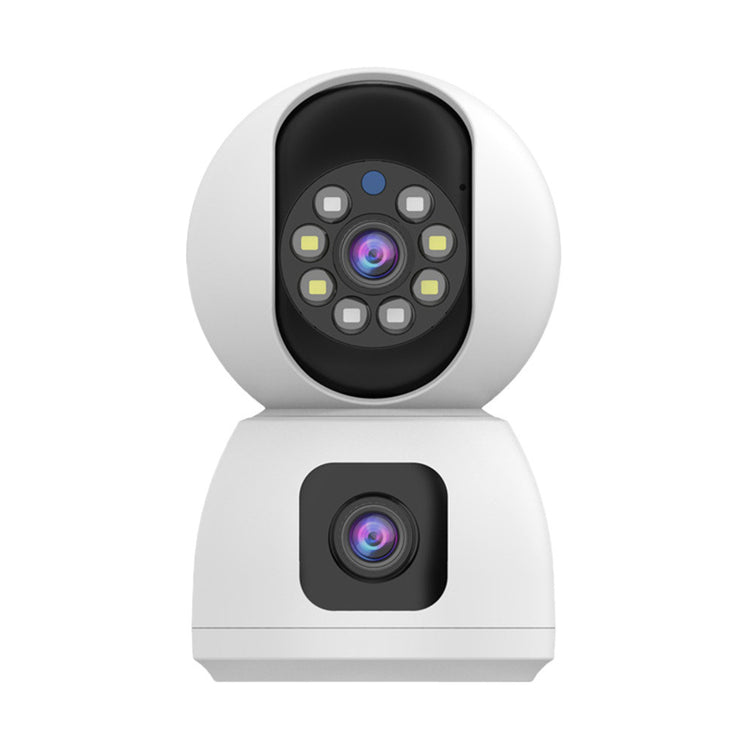 a white camera with black and blue lights