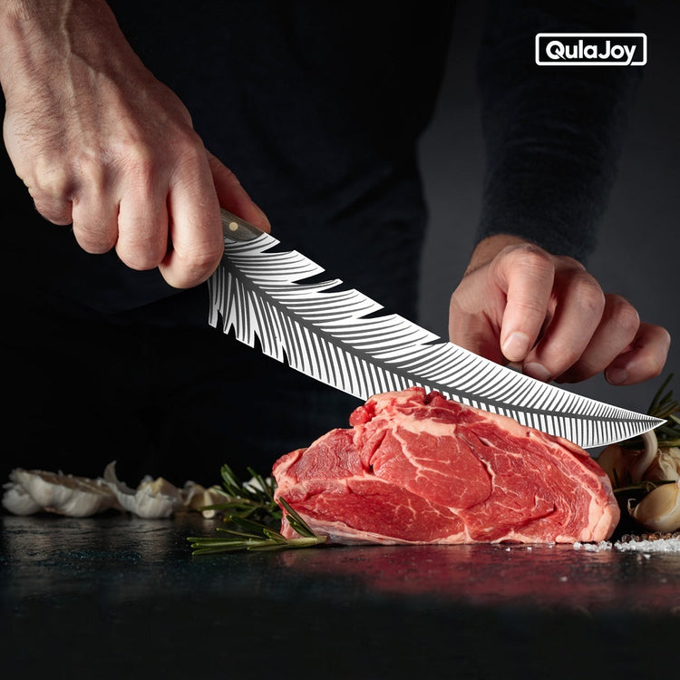 a person cutting meat with a knife