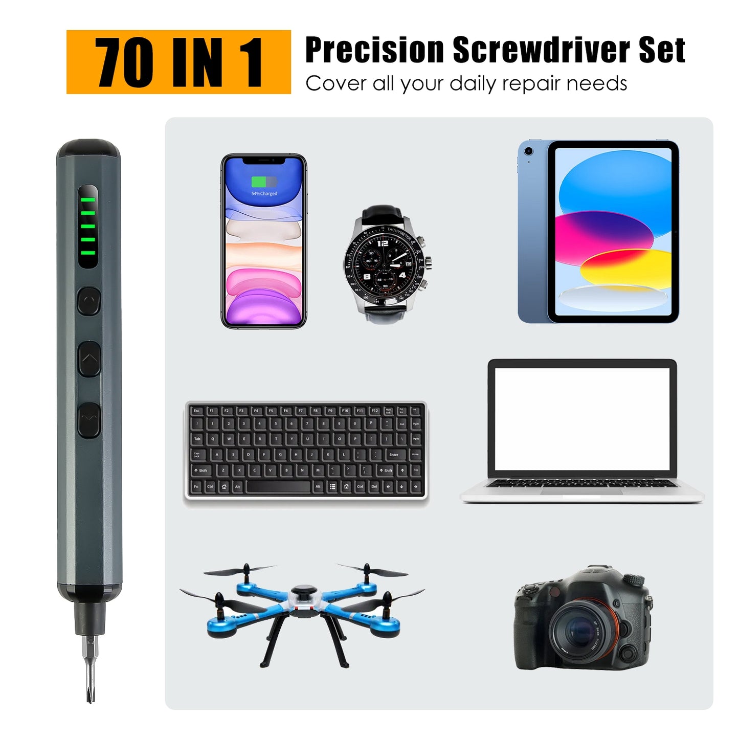 1Set 70 In 1 3.7V Mini Electric Screwdriver Kit Rechargeable Magnetic Repair Tool Kit With 5 Torque Settings 64 S2 Precision Bits 4 LED Lights For Phone Camera Laptop Watch Repair