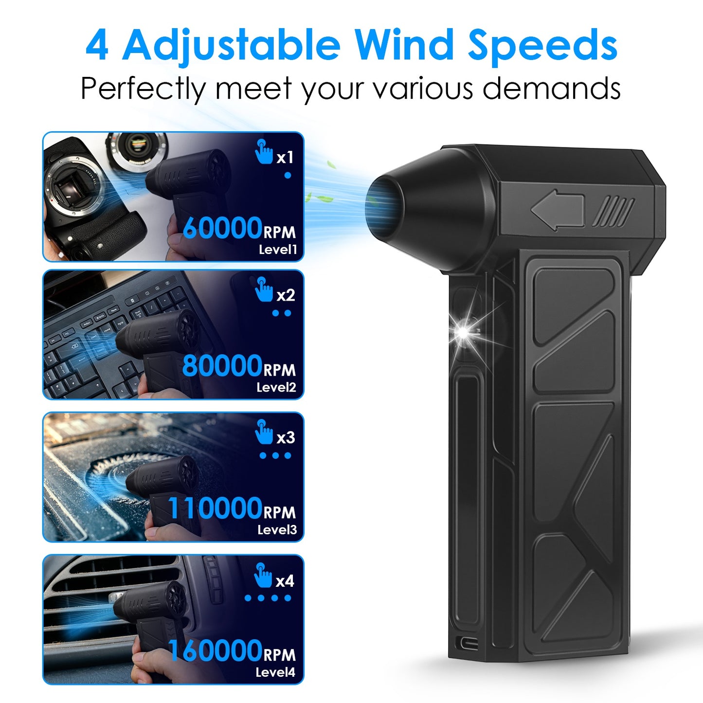 1Pc Compressed Air Duster With LED Light Vacuum Cleaner Max 160000RPM Speed For PC Keyboard Cleaning High Speed Rechargeable Cordless Air Blower With 4 Speeds For Home Car Outdoor