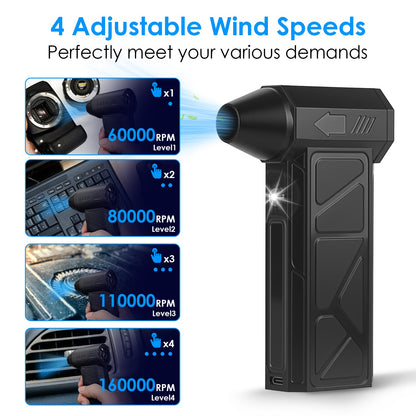 1Pc Compressed Air Duster With LED Light Vacuum Cleaner Max 160000RPM Speed For PC Keyboard Cleaning High Speed Rechargeable Cordless Air Blower With 4 Speeds For Home Car Outdoor