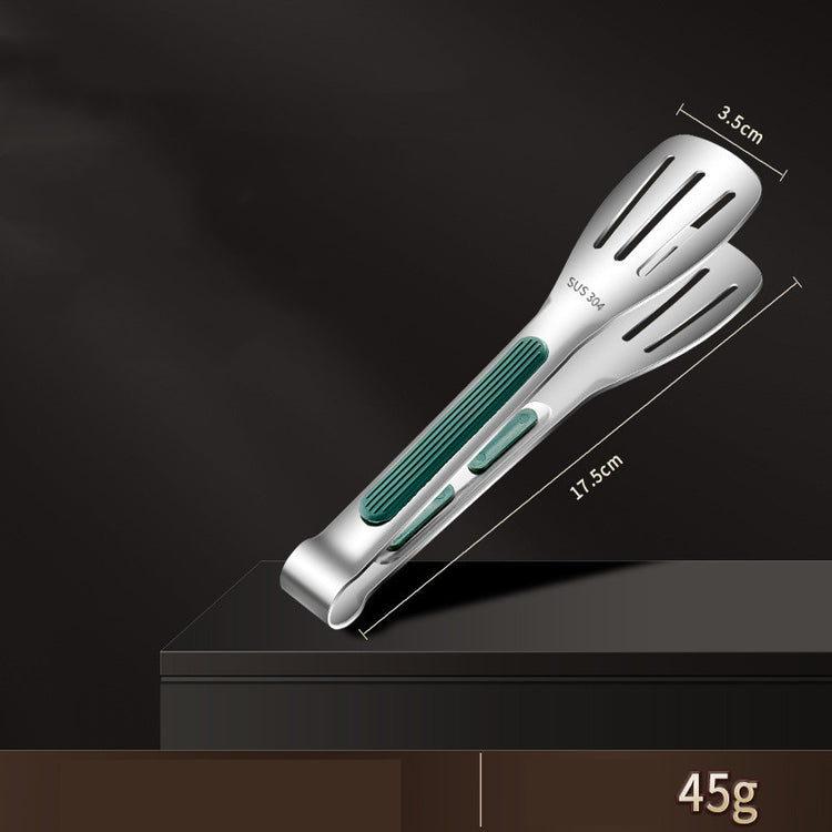 a silver tongs with a blue handle