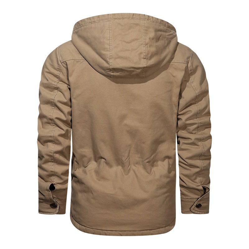 a tan jacket with a hood